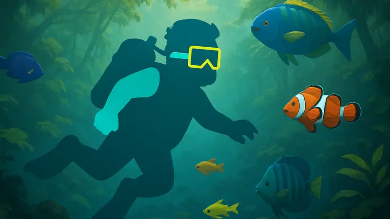 Арт Дэйва из Dave the Diver: In the Jungle, плавающего среди тропических рыб.