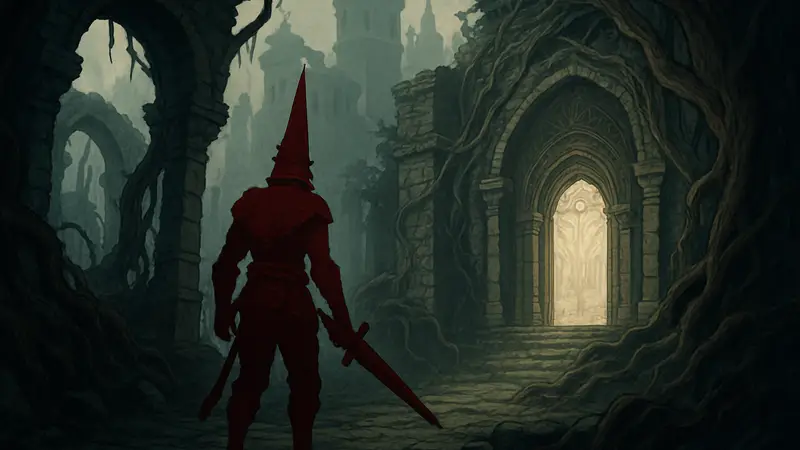 Персонаж Blasphemous 2 в новой локации из дополнения The Third Sin, ищущий вход.