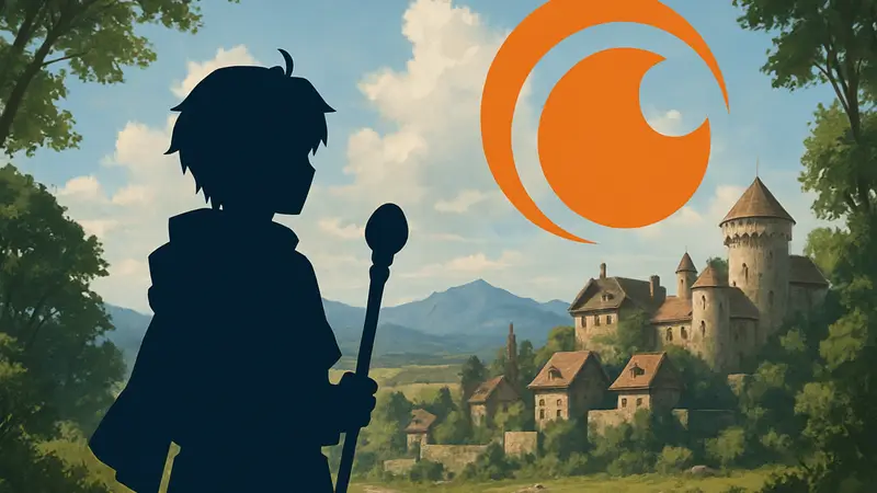 Главный герой Mushoku Tensei: Jobless Reincarnation из 3 сезона на фоне лого Crunchyroll