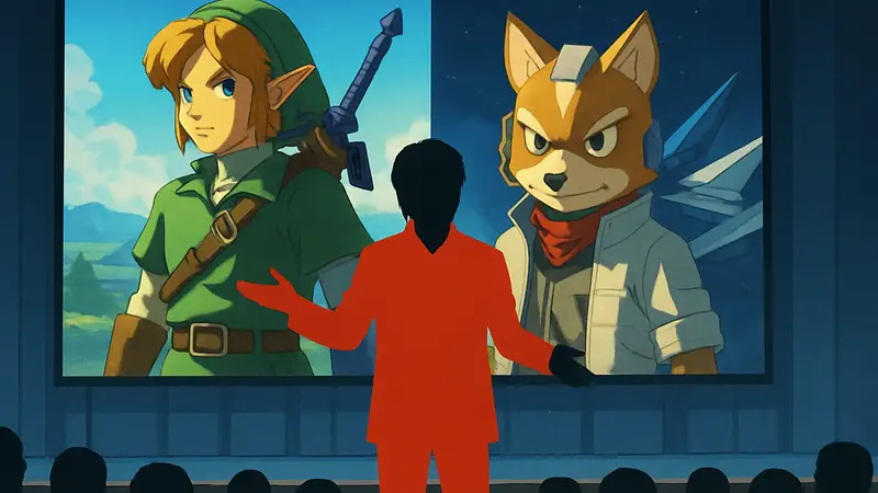 Сигеру Миямото на презентации, возможно с отсылкой к играм Zelda или Star Fox