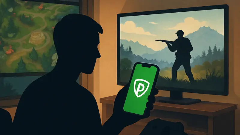 Логотип PureVPN на экране смартфона, мобильный VPN-сервис, безопасное соединение для игр.