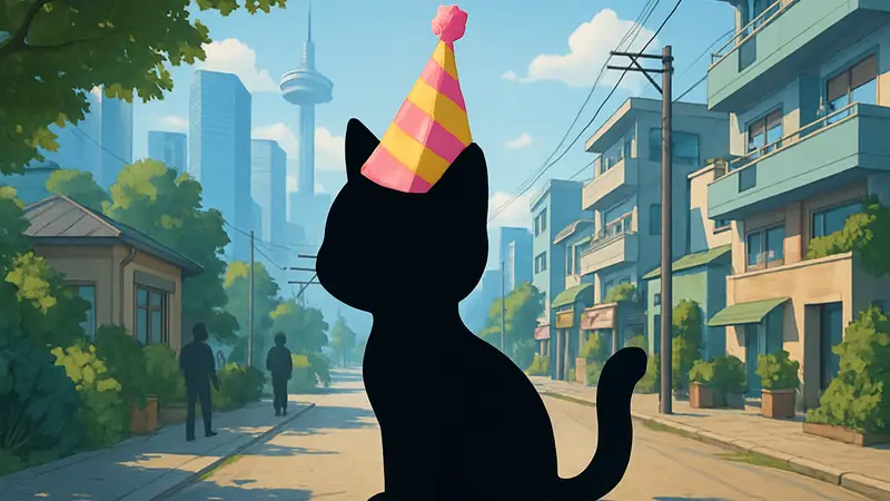 Котенок в праздничной шапке из игры Little Kitty, Big City на фоне города.