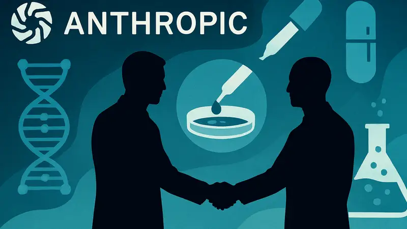 Логотип Anthropic и биотехнологические символы, сделка поглощения