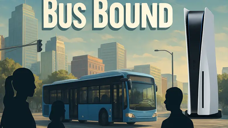 Логотип игры Bus Bound на фоне городского пейзажа с автобусом, PlayStation 5