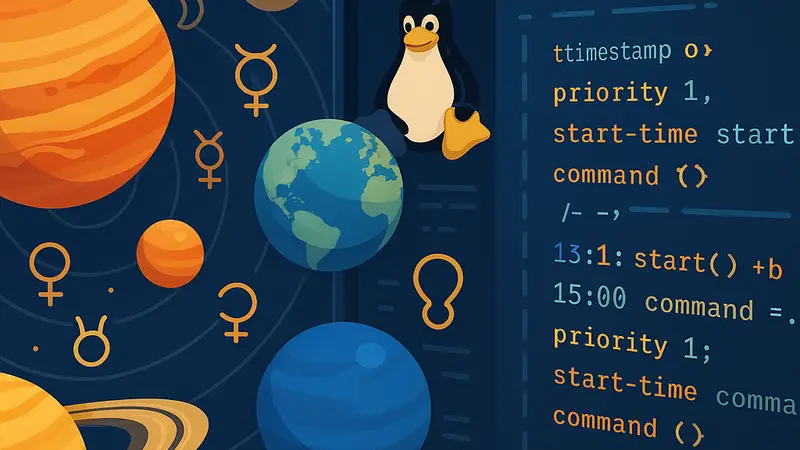 Изображение планет Солнечной системы, наложенное на интерфейс Linux или фрагмент кода планировщика задач с астрологическими символами.