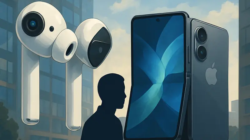 Концепт AirPods с камерой и складной iPhone на одном изображении, символизирующие слухи Apple 2027.