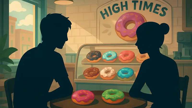 Персонажи симулятора свиданий High Times в стилизованной пончиковой с необычными пончиками.