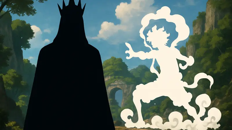 Иму, таинственный персонаж из One Piece, на фоне Луффи в форме Gear 5, демонстрирующий угрозу