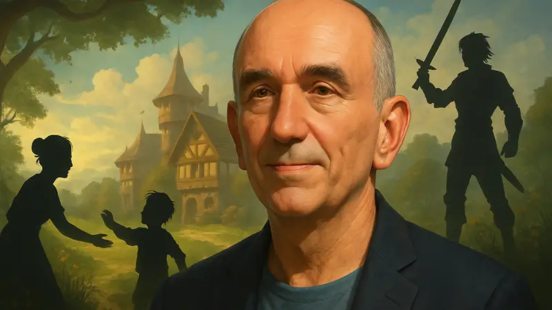 Портрет Питера Молиньё, известного разработчика игр, на фоне игровой графики, возможно из Fable.
