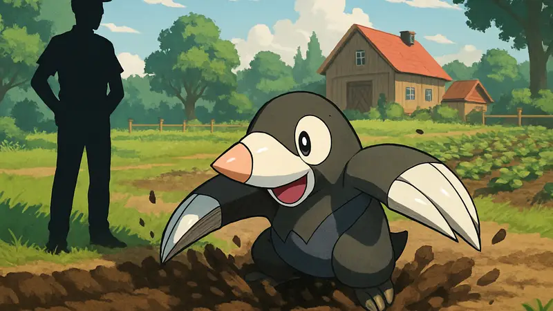 Покемон Дрилбур использует способность Рототиллер для обработки земли в Pokemon Pokopia