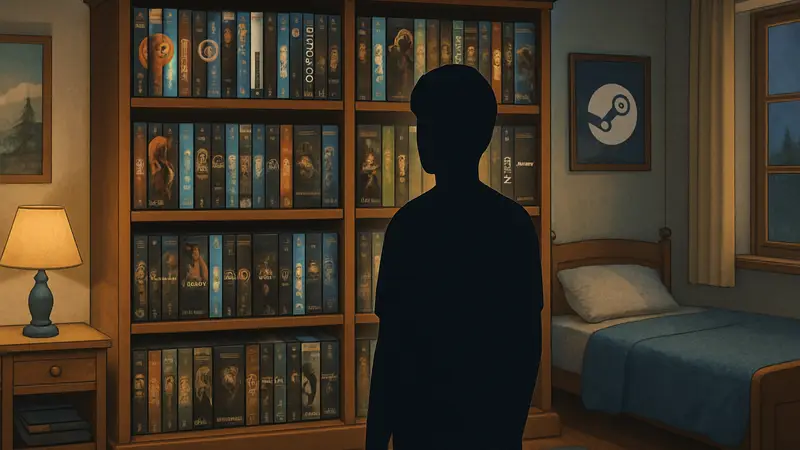 Скриншот Boxroom с виртуальными полками, полными физических копий игр Steam, и геймером, смотрящим на них