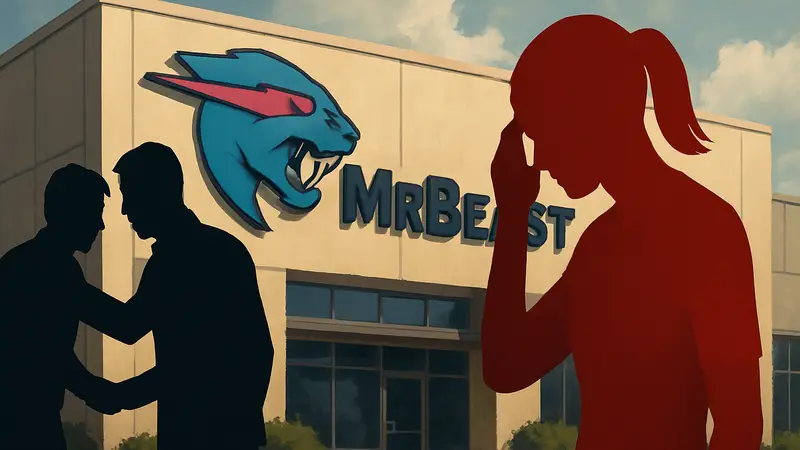 Логотип MrBeast на фоне изображения компании, иск о сексуальных домогательствах