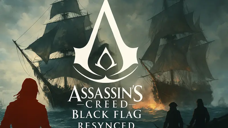 Логотип Assassin's Creed Black Flag Resynced на фоне пиратского корабля и морского сражения