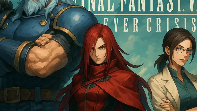 Персонажи Азул, Россо и Шалуа из Dirge of Cerberus на фоне логотипа FFVII Ever Crisis
