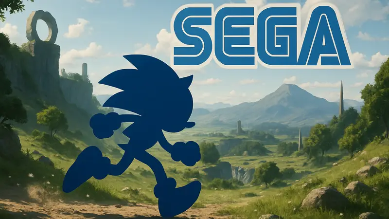 Ёж Соник бежит по открытому миру в игре, на заднем плане логотип Sega.