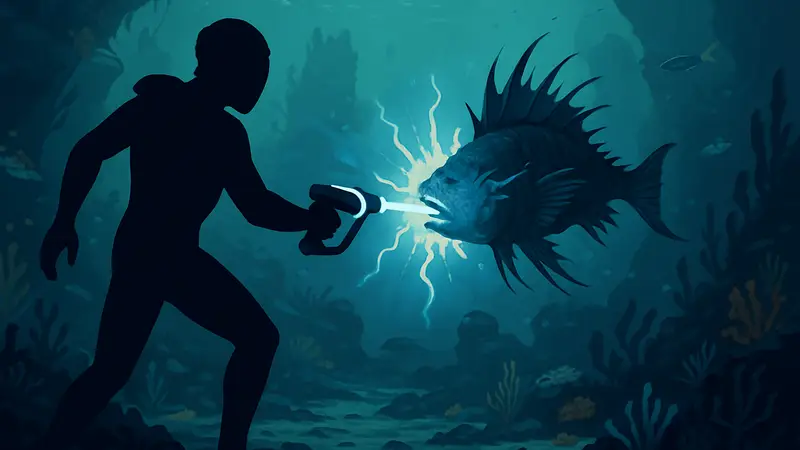 Скриншот Subnautica 2, игрок оглушает рыбу, подводный мир выживание