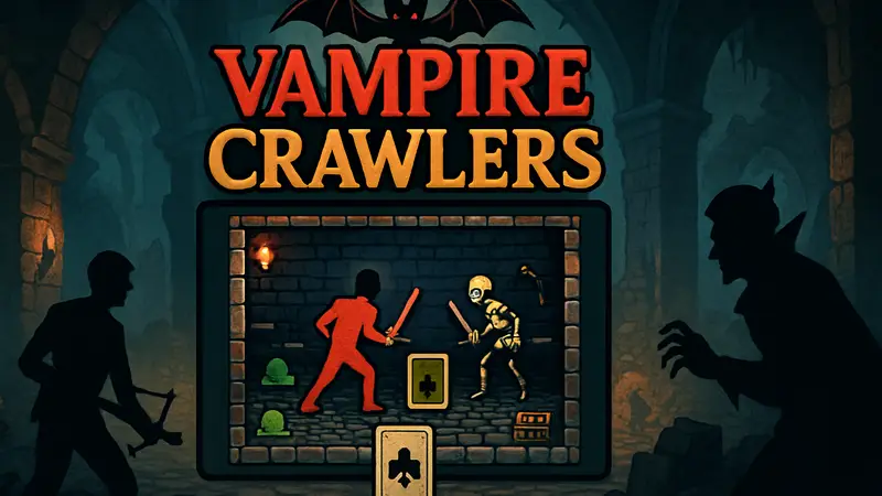 Логотип и скриншот игры Vampire Crawlers, карточного спин-оффа Vampire Survivors.