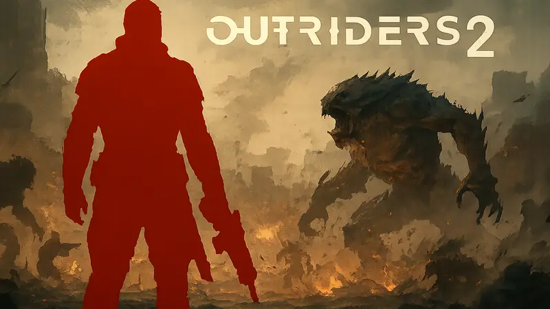 Outriders 2: Логотип игры или скриншот персонажа на фоне битвы с монстрами