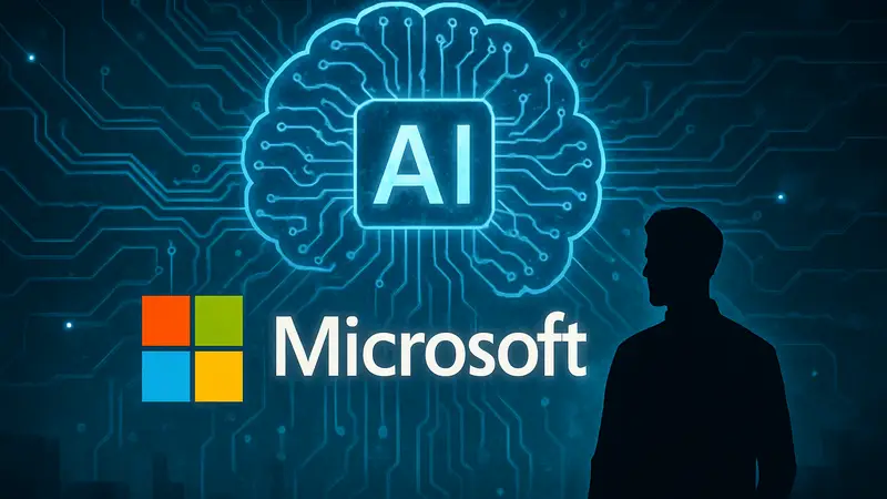 Логотип Microsoft на фоне стилизованной диаграммы искусственного интеллекта, символизирующей суперинтеллект.