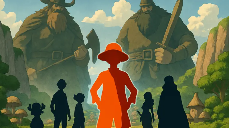 Изображение Луффи и персонажей One Piece на фоне гигантов Эльбафа, символизирующее новую сюжетную арку