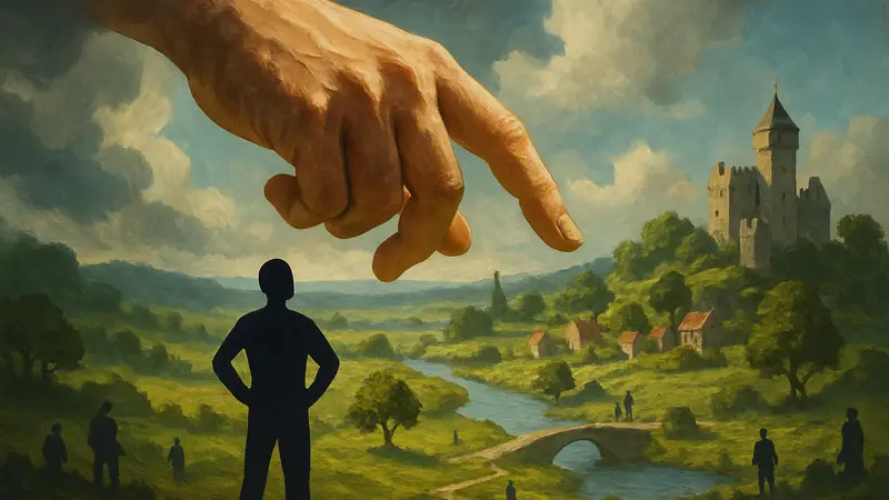 Изображение божественной руки, управляющей миниатюрным миром, символизирующее god-игры Masters of Albion и Sintopia.