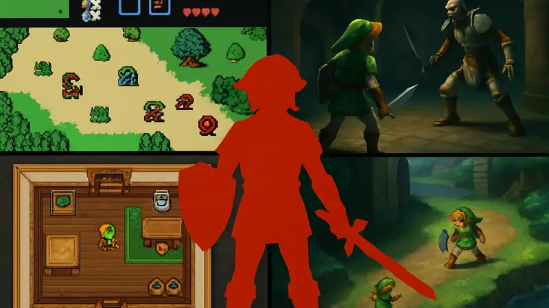Коллаж из скриншотов различных ROM-хаков игры The Legend of Zelda на эмуляторах NES, SNES, N64.