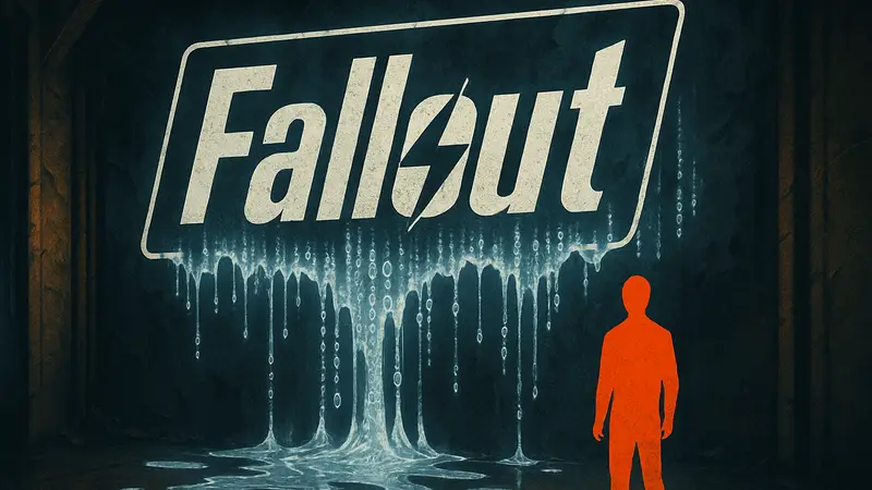 Логотип Fallout на фоне утекающей информации, символизирующей возможное маркетинговое решение Bethesda.