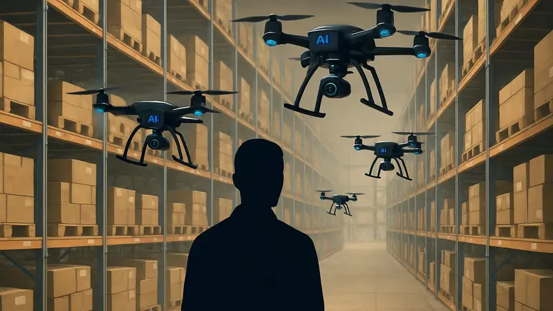 Складские дроны Gather AI, летающие над полками склада.