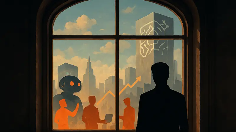 Изображение с символическим окном, через которое просматривается мир ИИ-стартапов и растущих фундаментальных моделей.