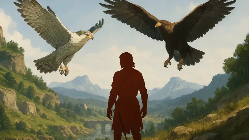 Кречет и орёл, парящие над пейзажем Crimson Desert, рядом с игровым персонажем.