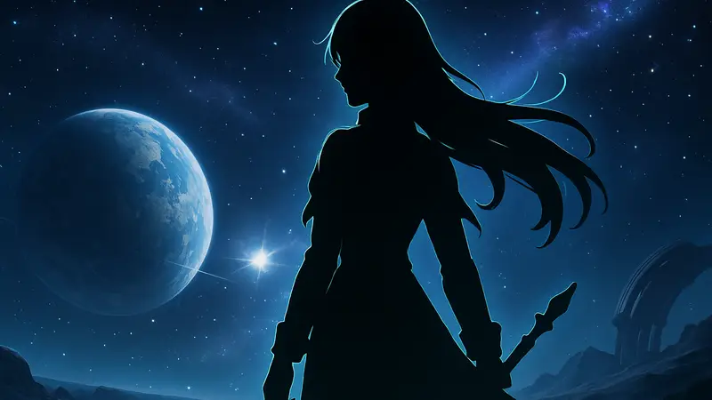 Персонаж Эванисция из игры Honkai Star Rail на фоне космических пейзажей