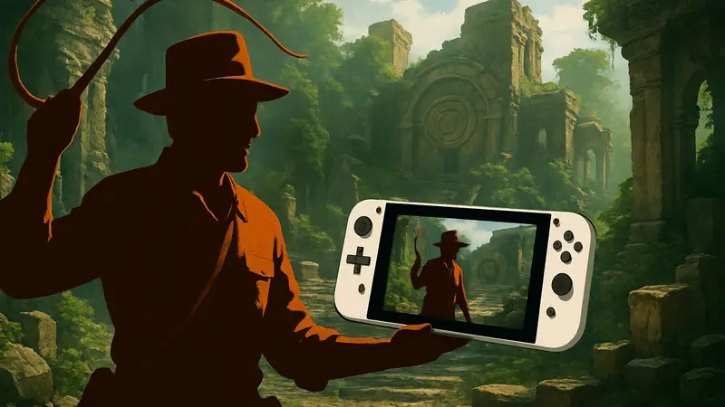 Индиана Джонс с кнутом на фоне древних руин, демонстрирующий графику игры на Switch 2.