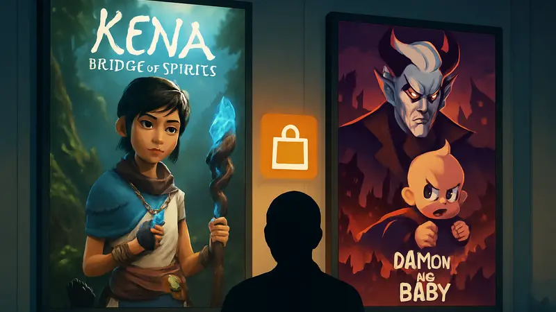 Обложки игр Kena: Bridge of Spirits и DAMON and BABY, логотип Nintendo eShop
