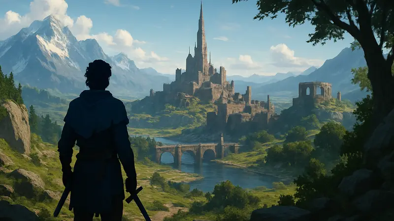 Скриншот из Crimson Desert, персонаж на фоне фэнтезийного мира