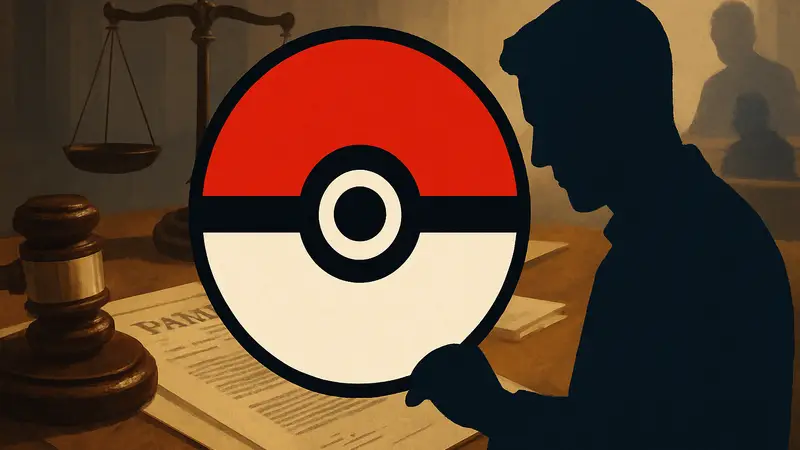 Символ Pokémon на фоне юридических документов, отражающий отклонение патента Nintendo.