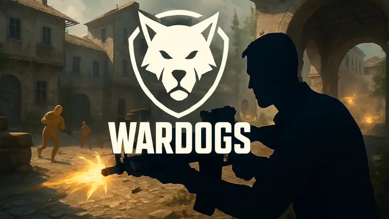 Логотип игры Wardogs на фоне игрового процесса с шутером от первого лица