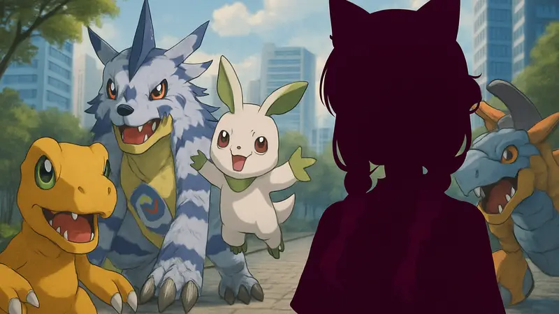 Изображение витуберши Хакуи Коёри и персонажей Digimon