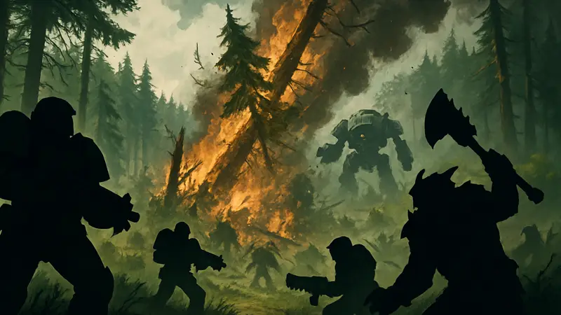 Кадры из игры Total War: Warhammer 40,000 с разрушаемым лесом и боевыми единицами.