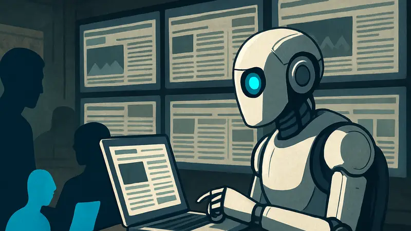 Концептуальное изображение ИИ-бота Noscroll, просматривающего новостные ленты.