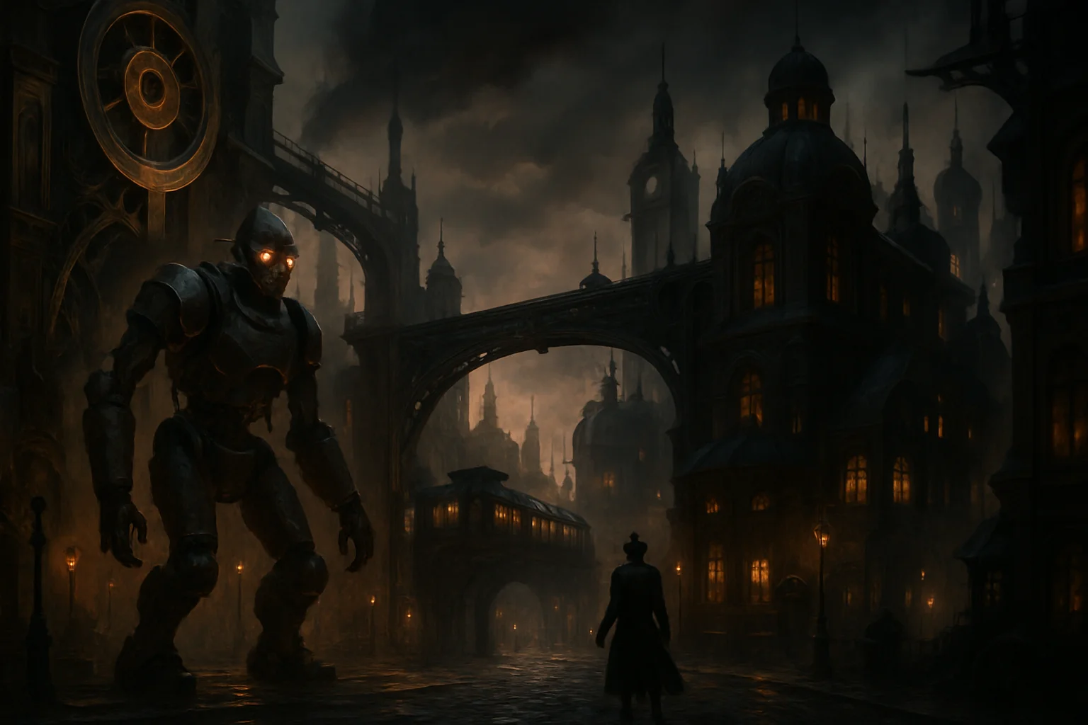 Футуристический стимпанк-город из Clockwork Revolution с механическими элементами и мрачной атмосферой.
