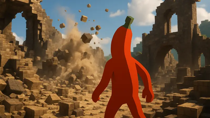 Разрушаемое воксельное окружение из игры Donkey Kong Bananaza с персонажем на переднем плане.