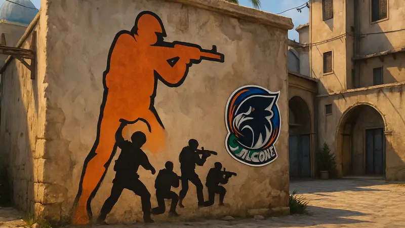 Граффити magixx в CS2 на карте Mirage и чемпионские стикеры Falcons.