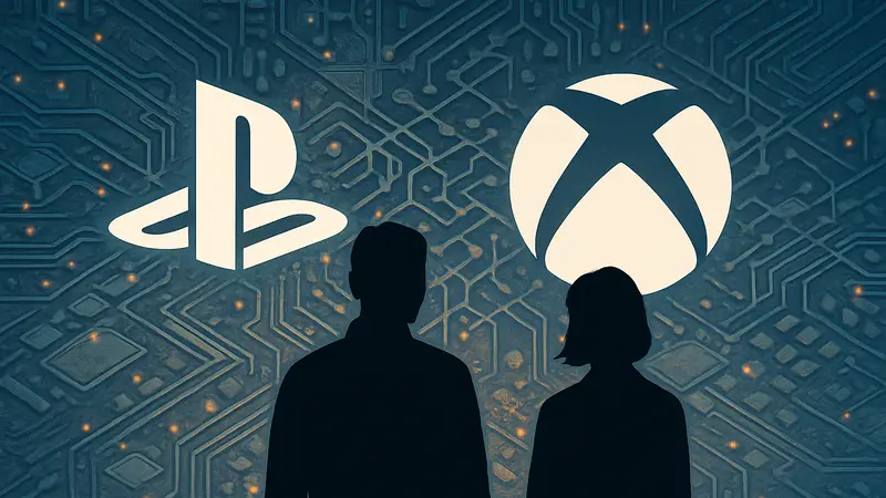 Логотипы PlayStation и Xbox на фоне схематичного изображения микросхем, символизирующих дефицит компонентов.