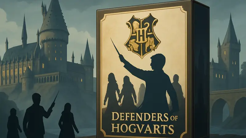Коробка настольной игры Harry Potter: Defenders of Hogwarts с узнаваемой символикой Хогвартса.