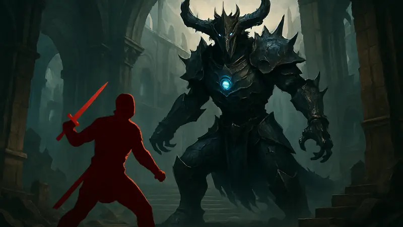 Изображение босса Консорта из игры Saros, демонстрирующее боевую сцену.