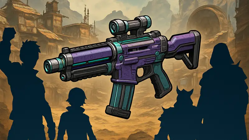 Изображение оружия Pearlescent редкости из Borderlands 4 на фоне персонажей игры.