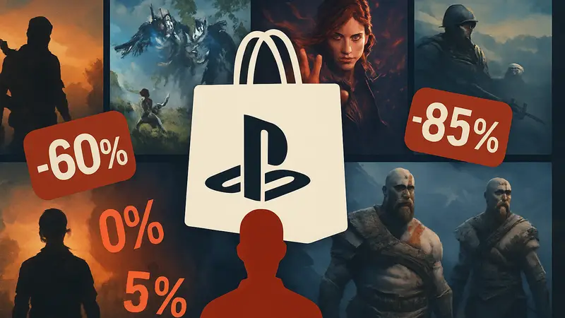 Логотип PlayStation Store на фоне игровых обложек и знаков распродажи с указанием процентов скидки