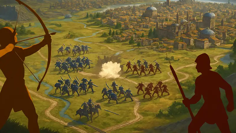 Игровой скриншот Civilization 7 с боевыми юнитами и городами во время сражения, демонстрирующий позднюю стадию игры после патча.