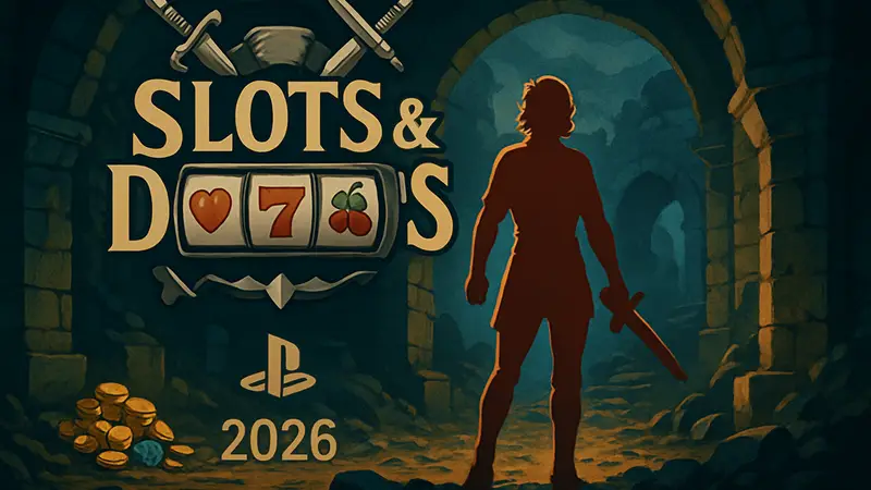 Обложка игры Slots & Daggers с элементами рогалика, символами слотов и датой выхода на PS5.