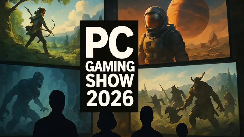 Логотип PC Gaming Show 2026 с примерами новых игр и анонсов для ПК.